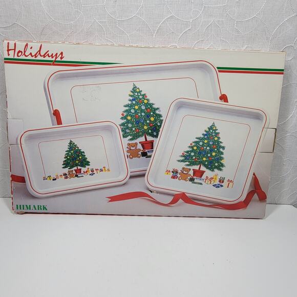 Vintage Himark 3 Piece Lacquerware Tray Set Nesting Holidays Christmas Tree NEW - Picture 1 of 13